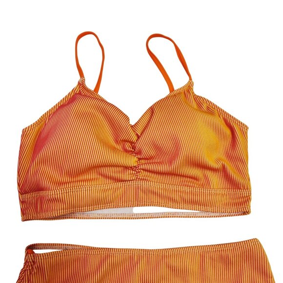 Orange & Yellow Striped High-Waisted Bikini Set Swimsuit Ruched Top Size L - Picture 4 of 5
